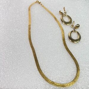 Monet Herringbone Necklace 18" & Oval Polished Clip-On Earrings Set Gold Tone